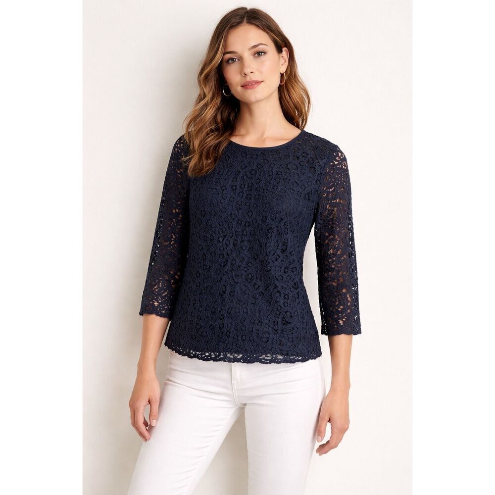 J.Crew Navy Lace Blouse Size 0 Women’s Sheer Overlay Top